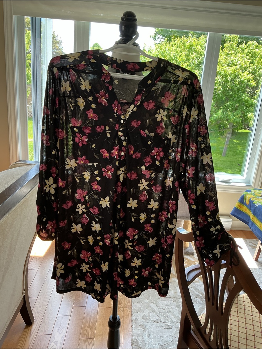 Black Floral V-Neck Button Blouse with Pink & Cream Flowers